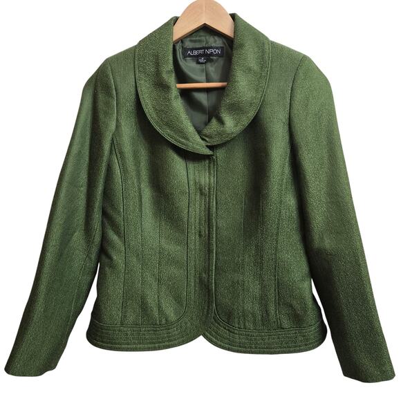 Albert Nipon Womens Vintage 90s Y2K Twee Green Tailored Wool Silk Blend Blazer 4 - Picture 1 of 10